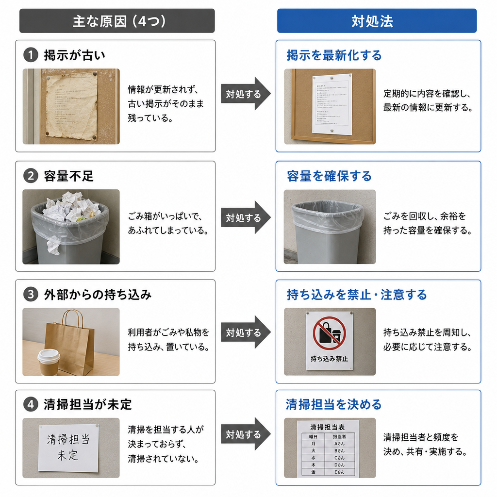 ゴミ置き場が散らかる4つの原因と対処法の図解