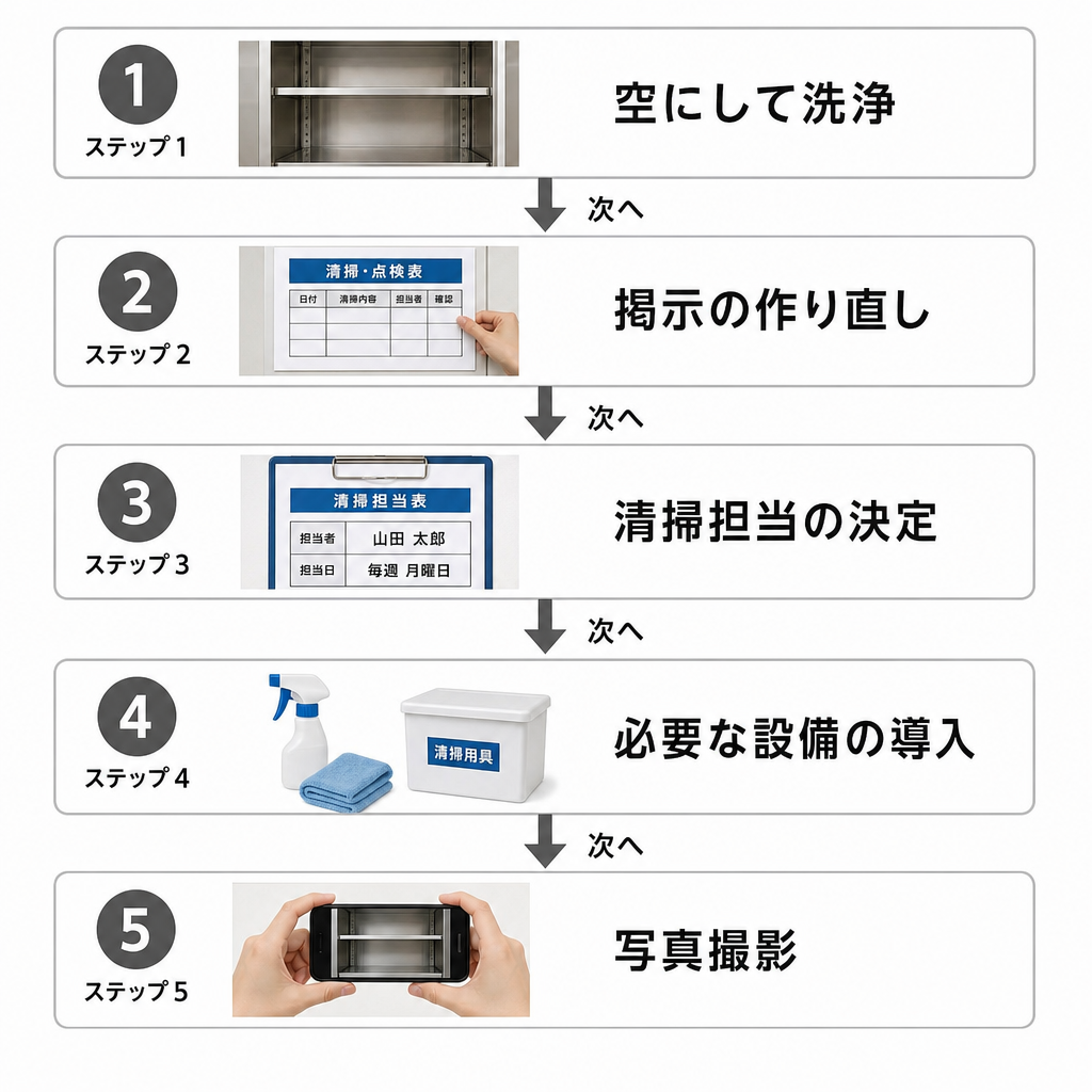 アパートのゴミ置き場を改善する5つの手順の流れ図