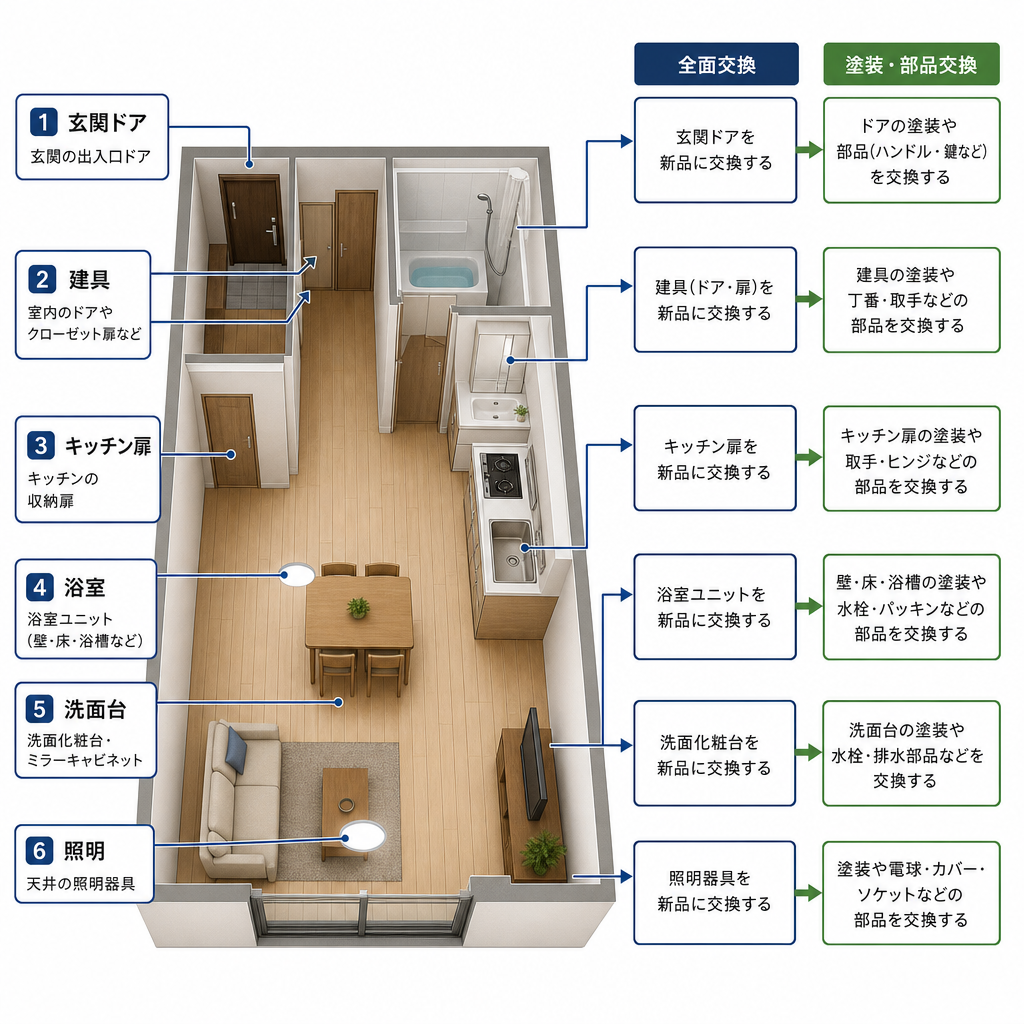 塗装や部品交換で対応できる箇所と全面交換が必要な箇所を比較した図解