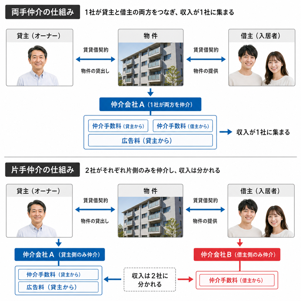 賃貸の両手仲介と片手仲介で仲介手数料と広告料の流れが変わることを示した図