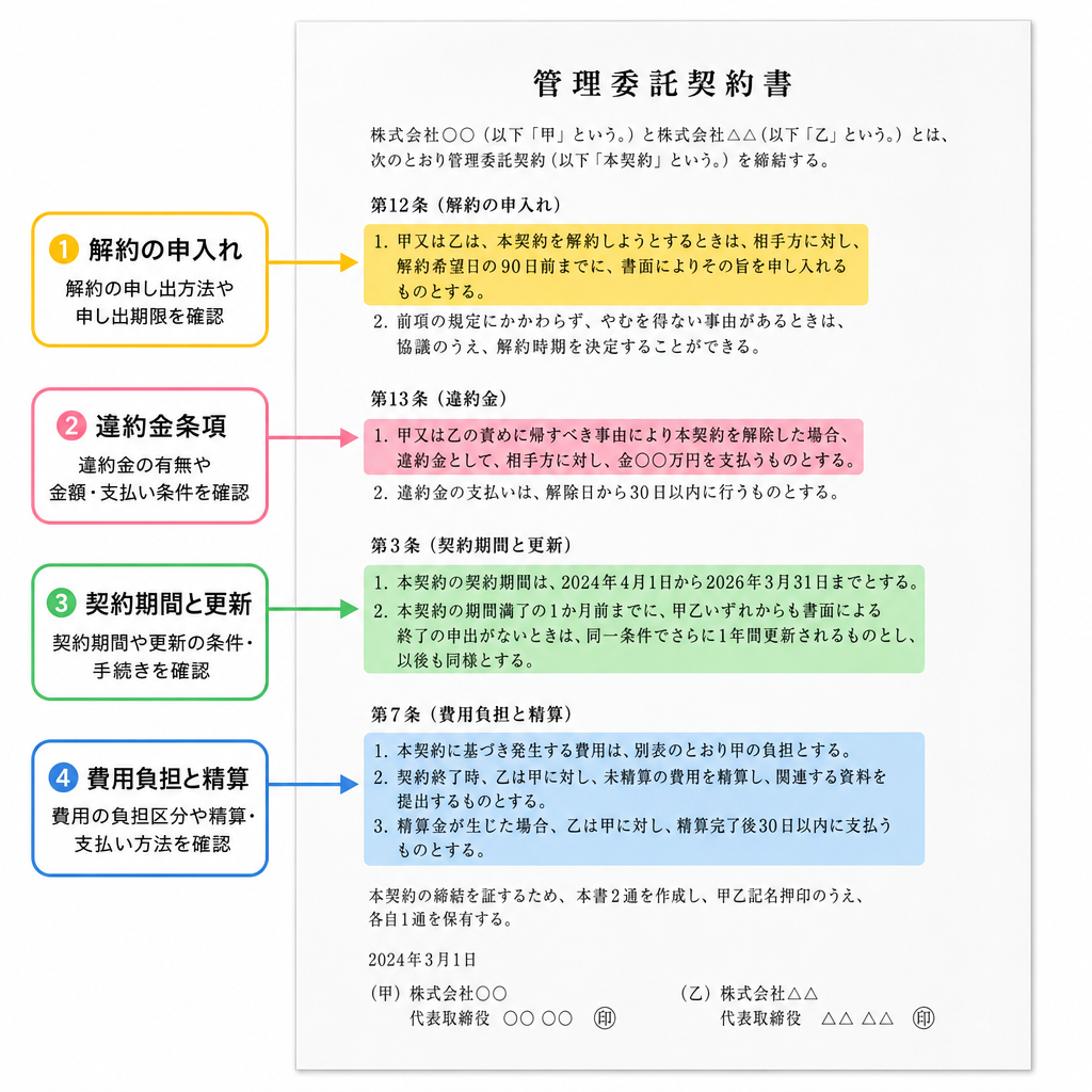 管理委託契約書で確認する4つの条項を示した図