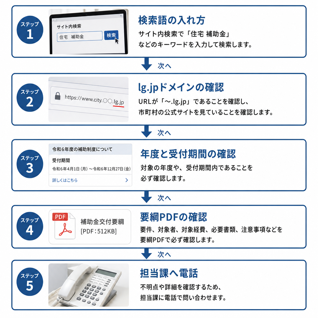 空き家の解体補助金を市町村の公式ページで探す5つの手順を示した図