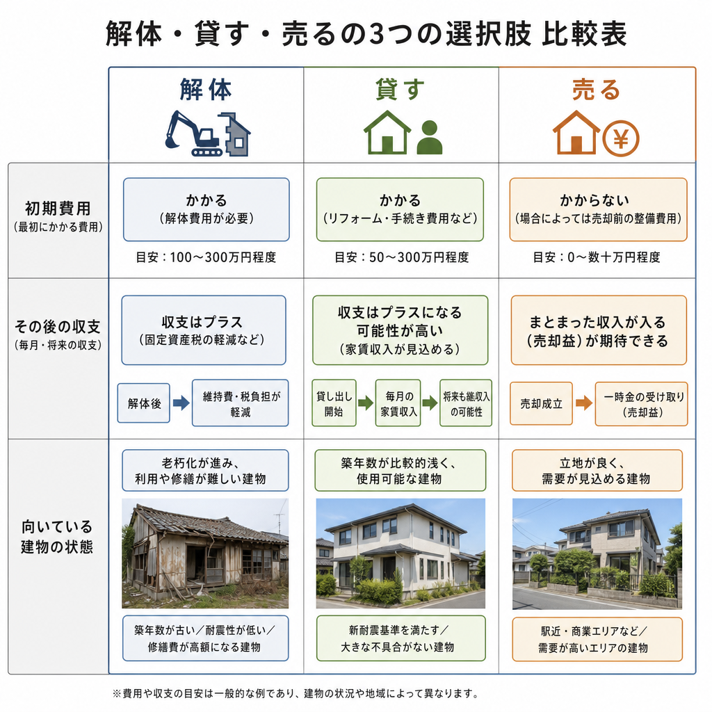 空き家を解体する・貸す・売るの3案を費用と収支で比較した図