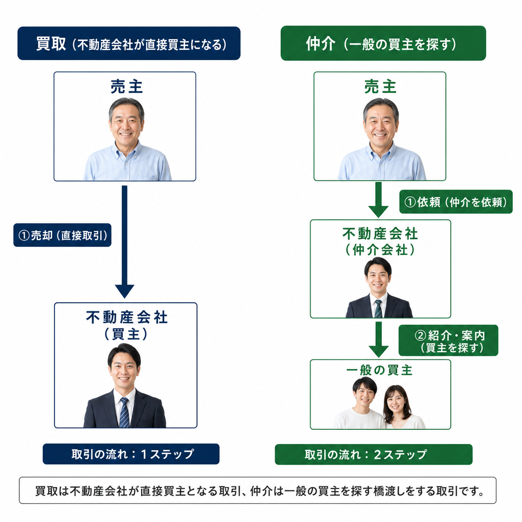 空き家の買取と仲介の取引の流れを比べた図