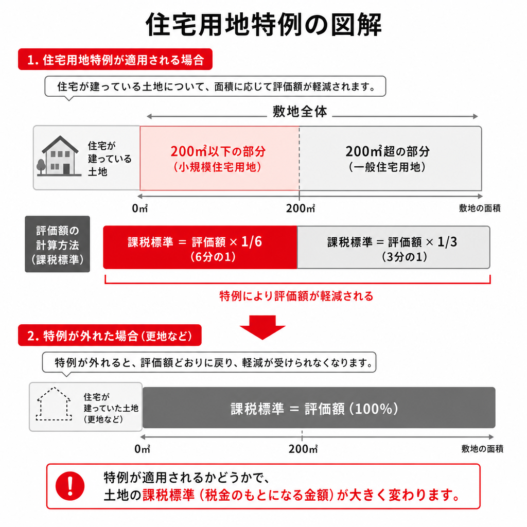住宅用地特例で固定資産税の課税標準が6分の1になる仕組みの図