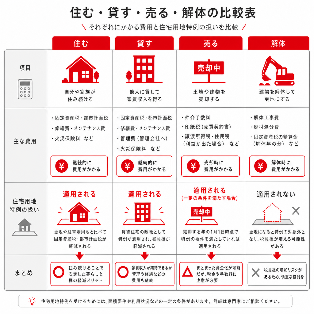 空き家の選択肢4つと費用・税の扱いを比べた比較図