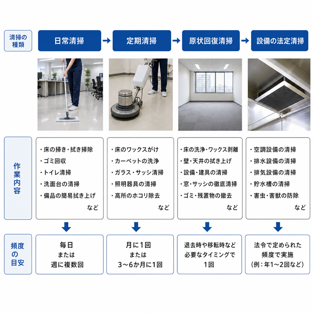 賃貸物件で依頼できる清掃の4種類と頻度の目安を示した図