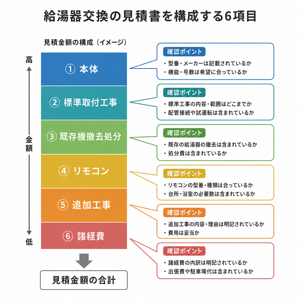 給湯器交換の見積書に含まれる費用項目の内訳図