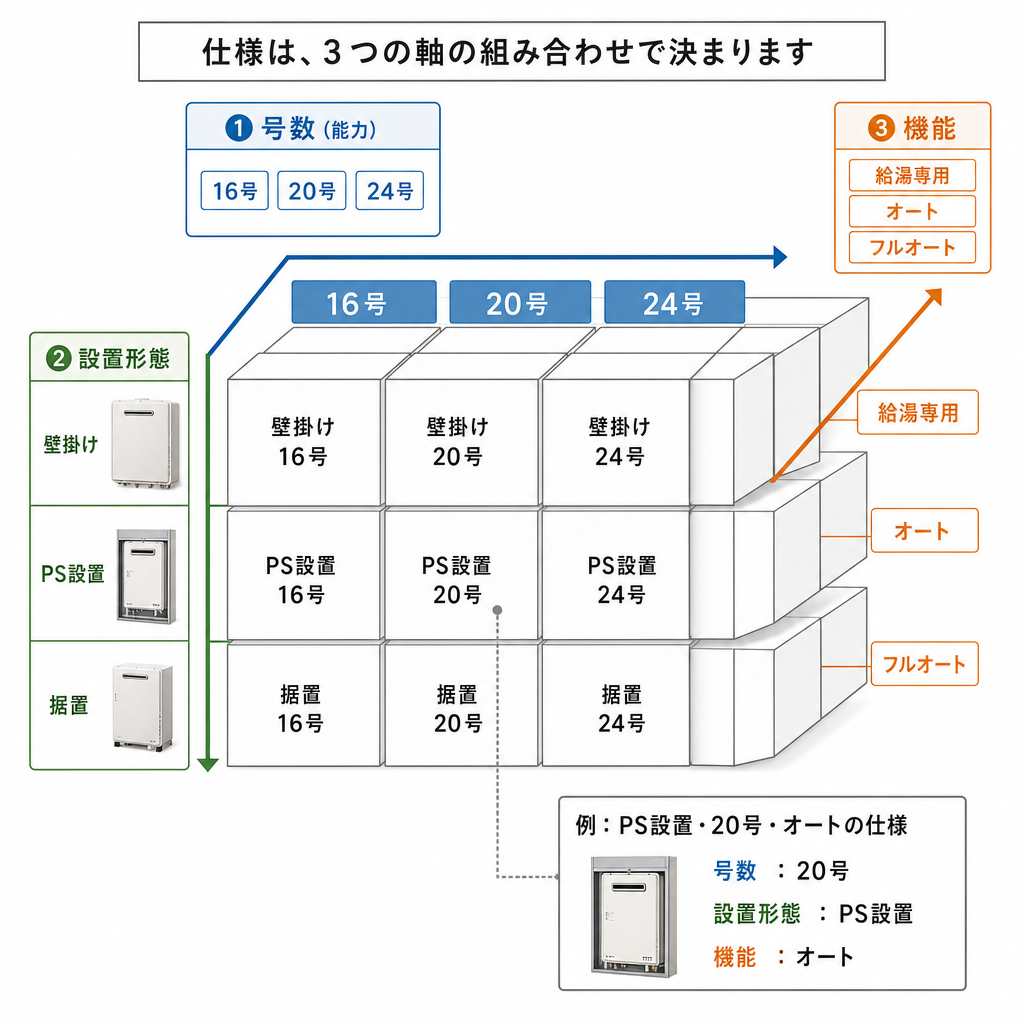 給湯器の号数・設置形態・機能の組み合わせを示す図