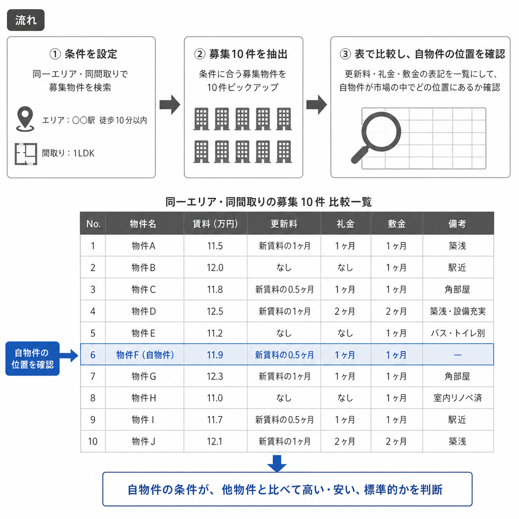周辺の募集条件を並べて更新料の位置を確かめる手順の図