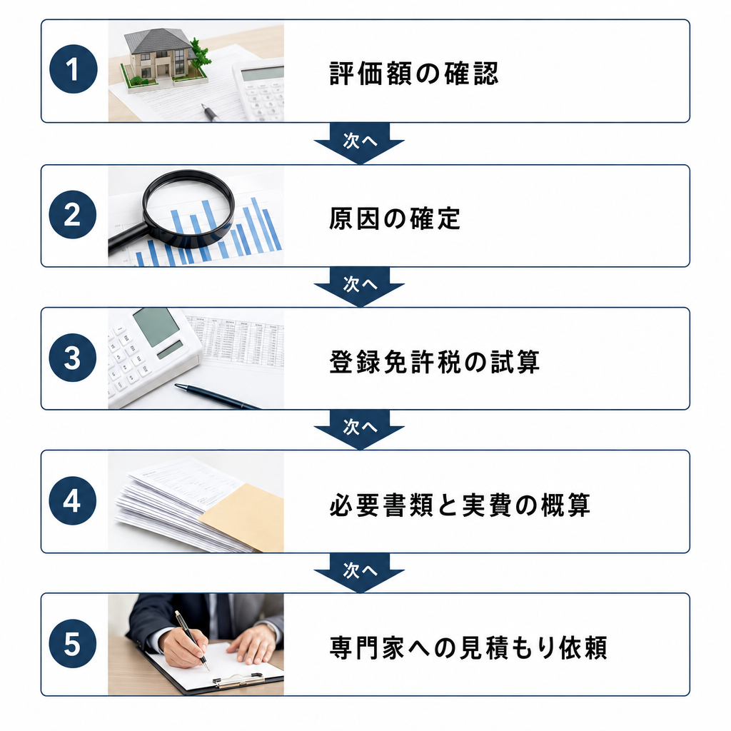 不動産の名義変更費用を見積もる5つの手順を示したフロー図
