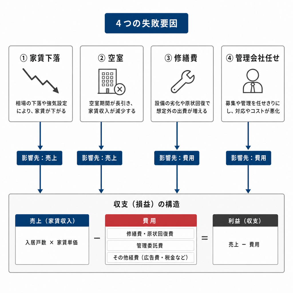 不動産投資で失敗しやすい4つの要因と収支への影響を示した図