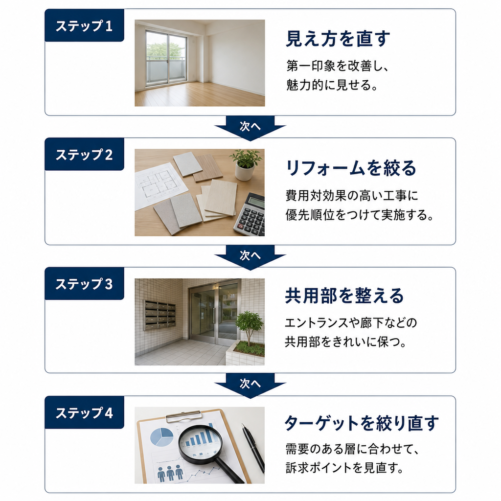 空室物件を立て直す4つのステップを順番に示した図