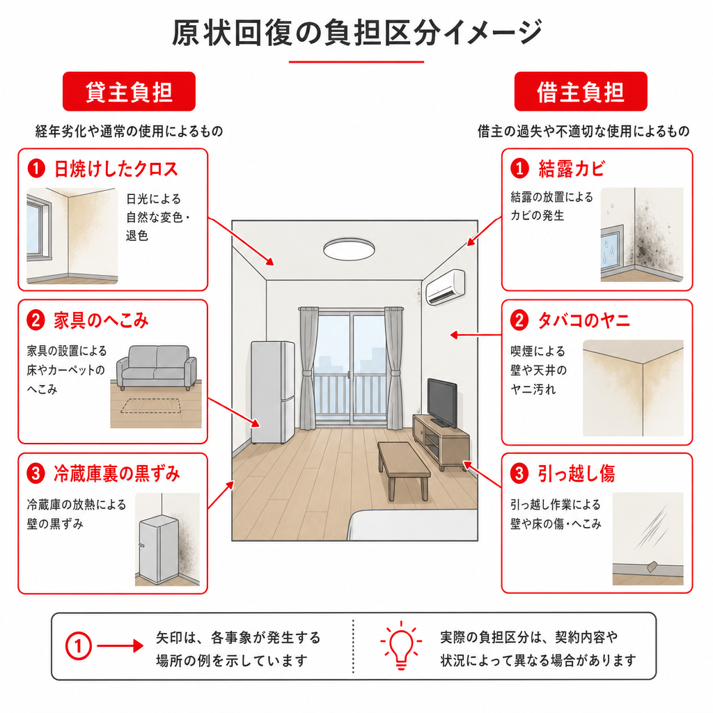原状回復で大家負担となる通常損耗と入居者負担となる損傷を対比した図