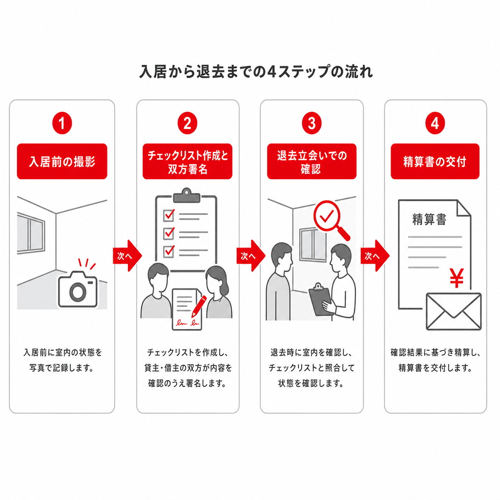 入居前から退去精算までに残しておく記録の流れを示した図