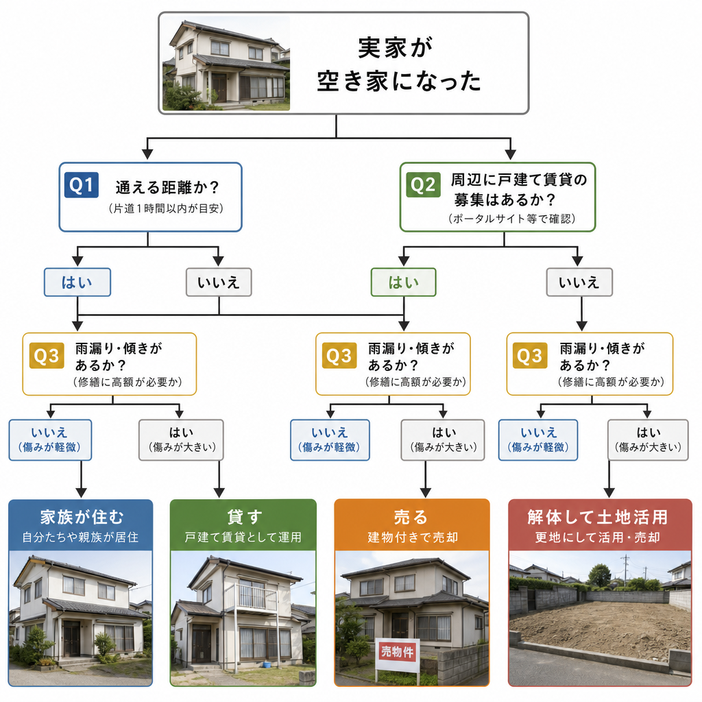 実家の空き家を住む・貸す・売る・解体のどれにするかを判断するフロー図