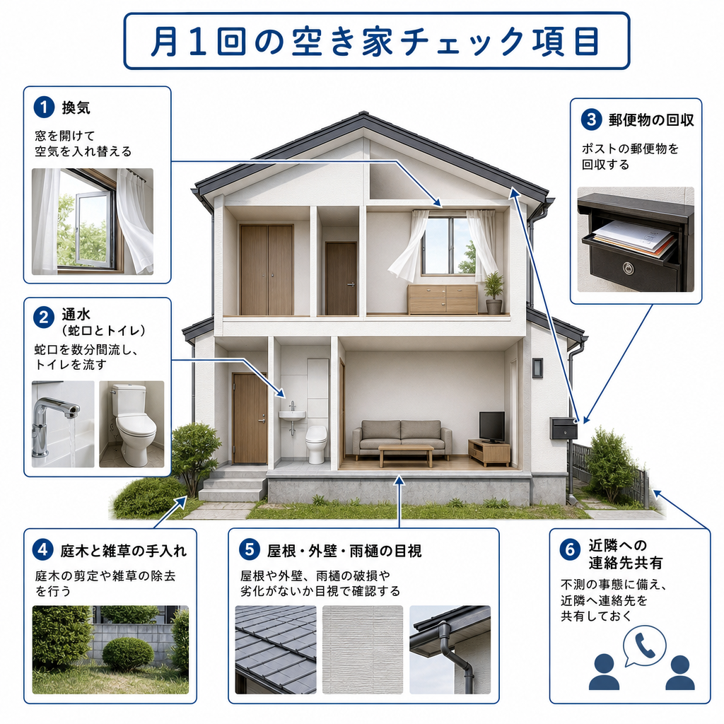 月に一度の空き家維持チェック6項目を家の図に配置した図解
