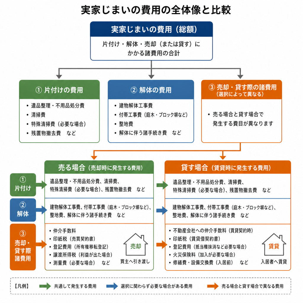 実家じまいの費用の内訳を片付け・解体・売却の3つに分けた図