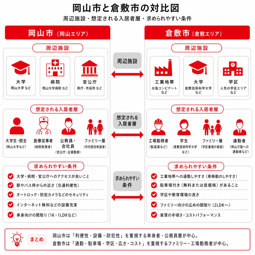 岡山市と倉敷市の入居者層と求められる条件を比べた図