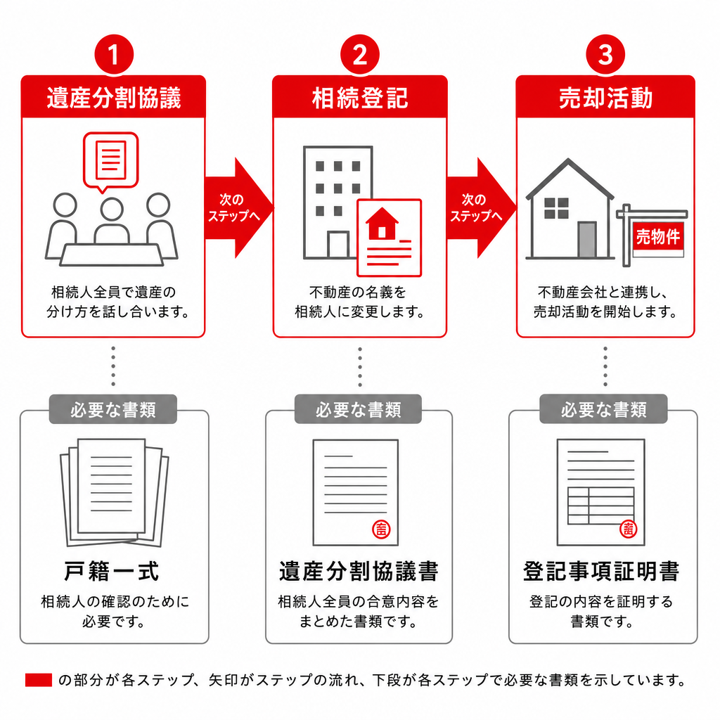 相続した空き家を売るまでの遺産分割協議・相続登記・売却の順番を示した図