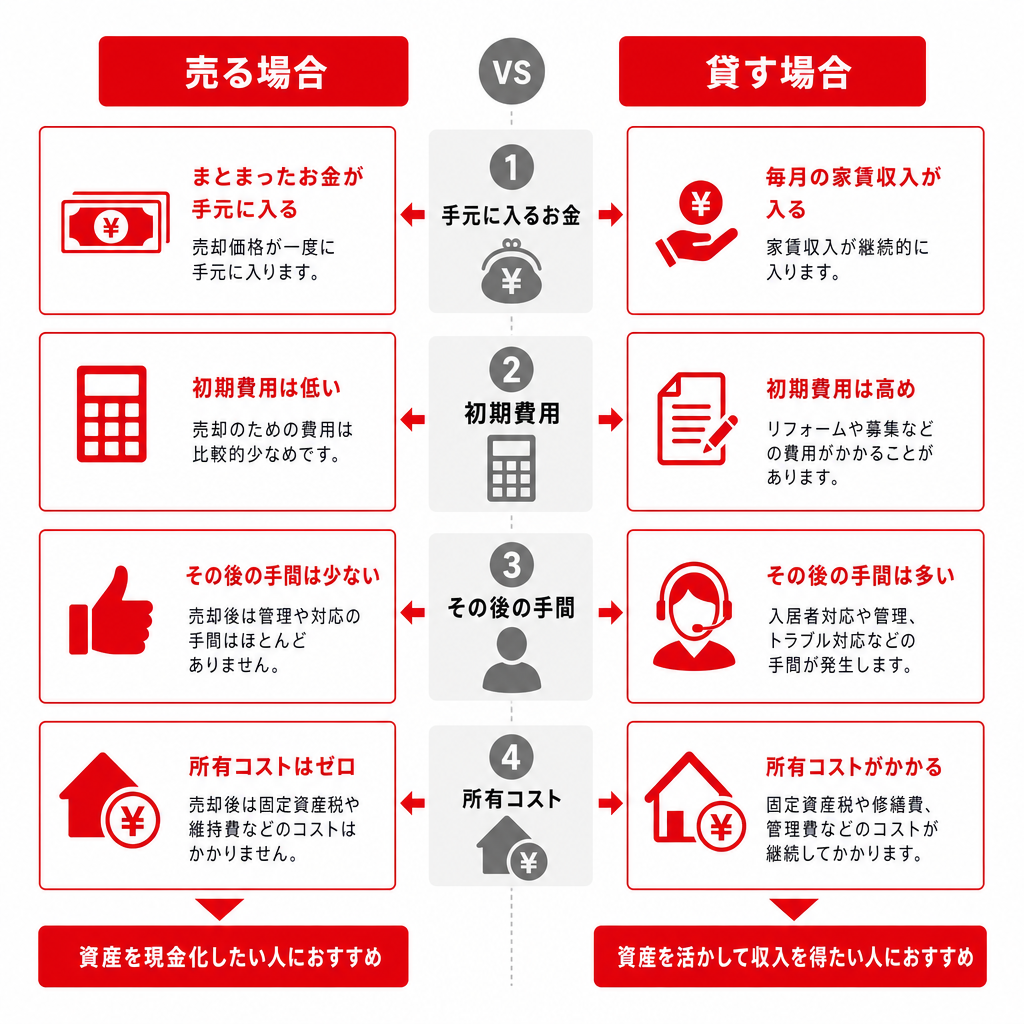 相続した空き家を売る場合と貸す場合の違いを4項目で比べた図