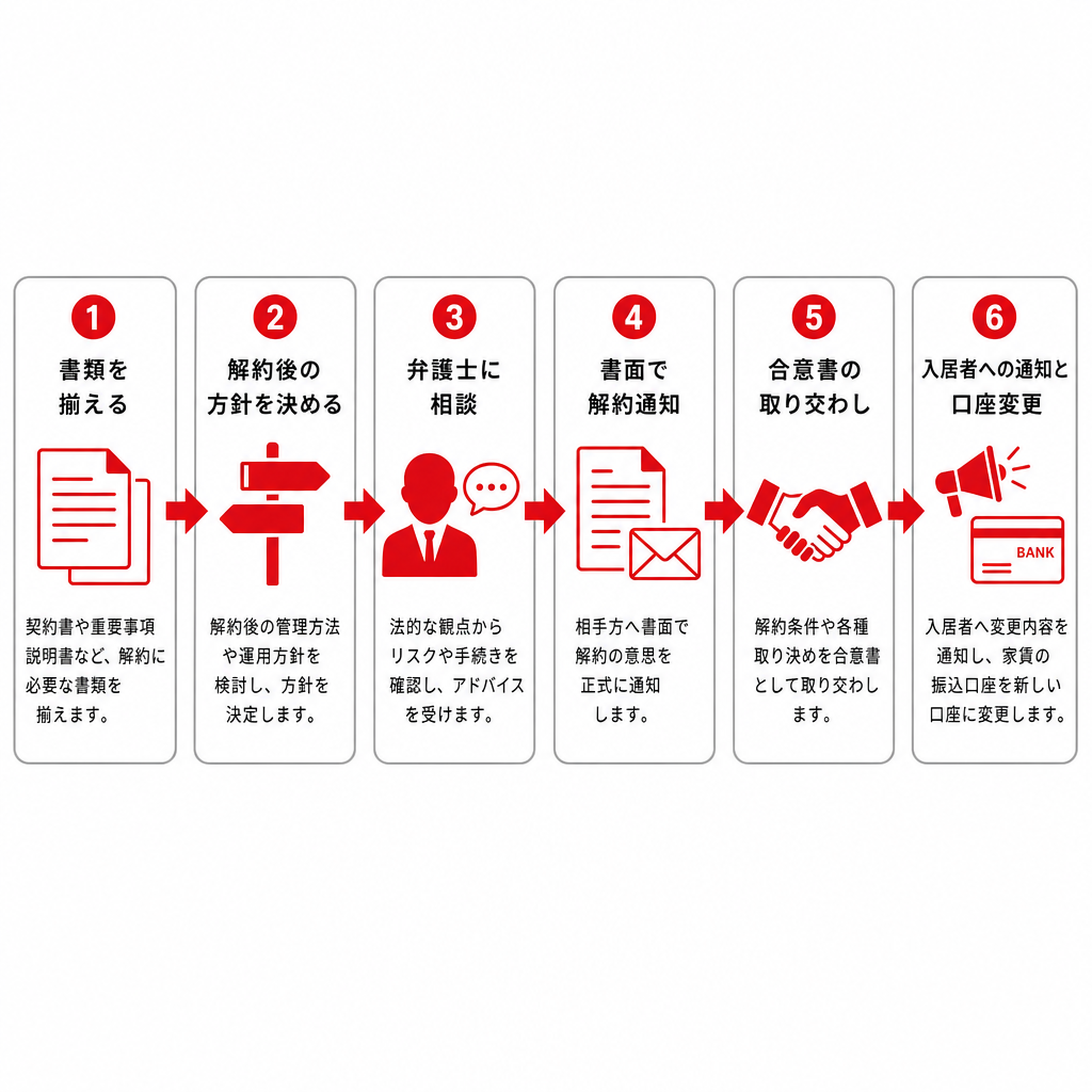 サブリース契約の解約手続きの流れを示す6ステップの図