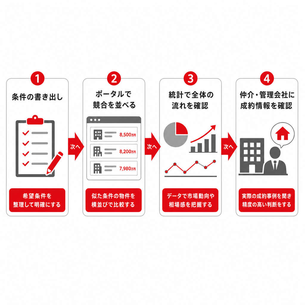 家賃相場を調べる4つのステップを示した流れ図