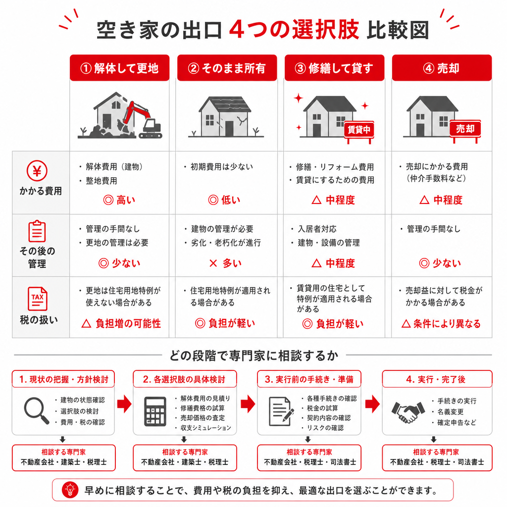 空き家の解体・所有継続・賃貸・売却の4つの選択肢を費用とその後で比較した図