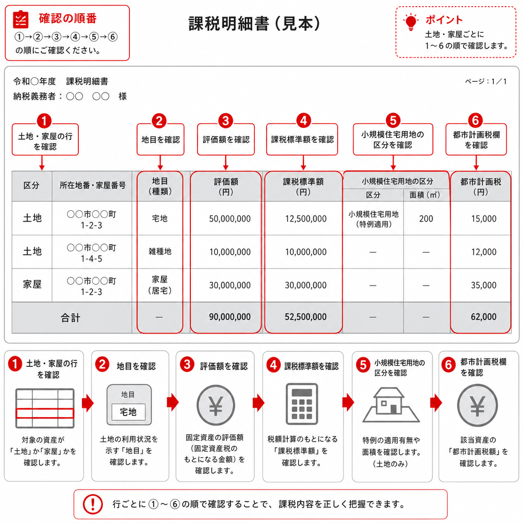 課税明細書で確認する6つの欄と見る順番を示した図