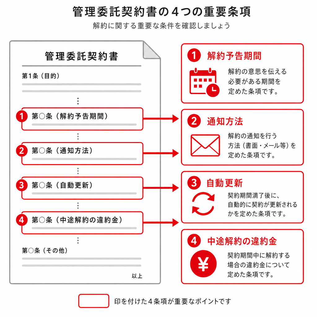 管理委託契約書で先に確認する4つの条項を示した図