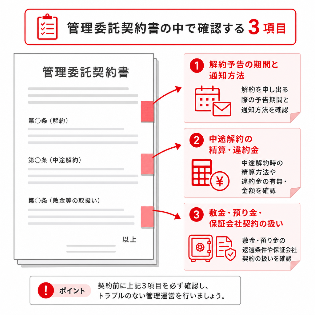 管理委託契約書で確認する3項目を示した図