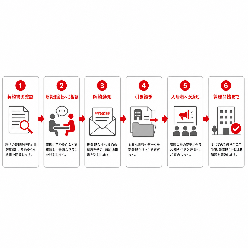 管理会社の乗り換え手続きの流れを示した6段階のフロー図