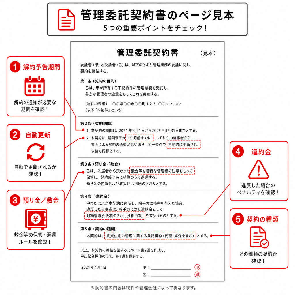 管理委託契約書で確認する5項目を示した図解