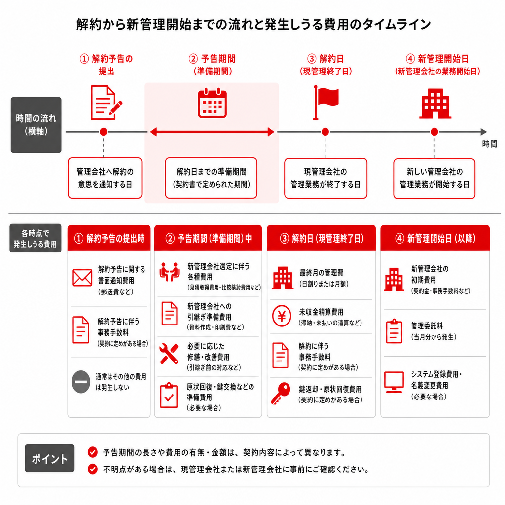 管理会社切り替えのスケジュールと費用が発生する時点を示したタイムライン図