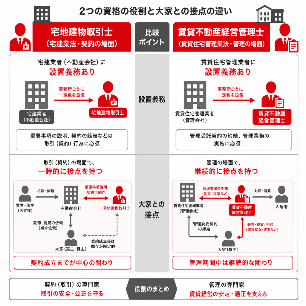 宅地建物取引士と賃貸不動産経営管理士の根拠法と役割を比較した図
