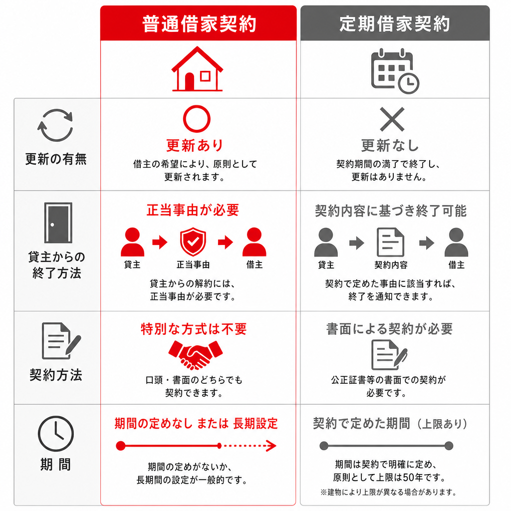 普通借家契約と定期借家契約の違いを更新・終了方法・契約方法・期間で比較した図