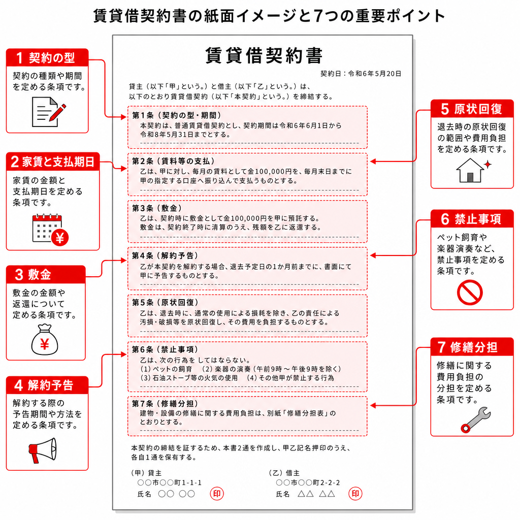 賃貸借契約書で貸主が確認する7項目を示した図解