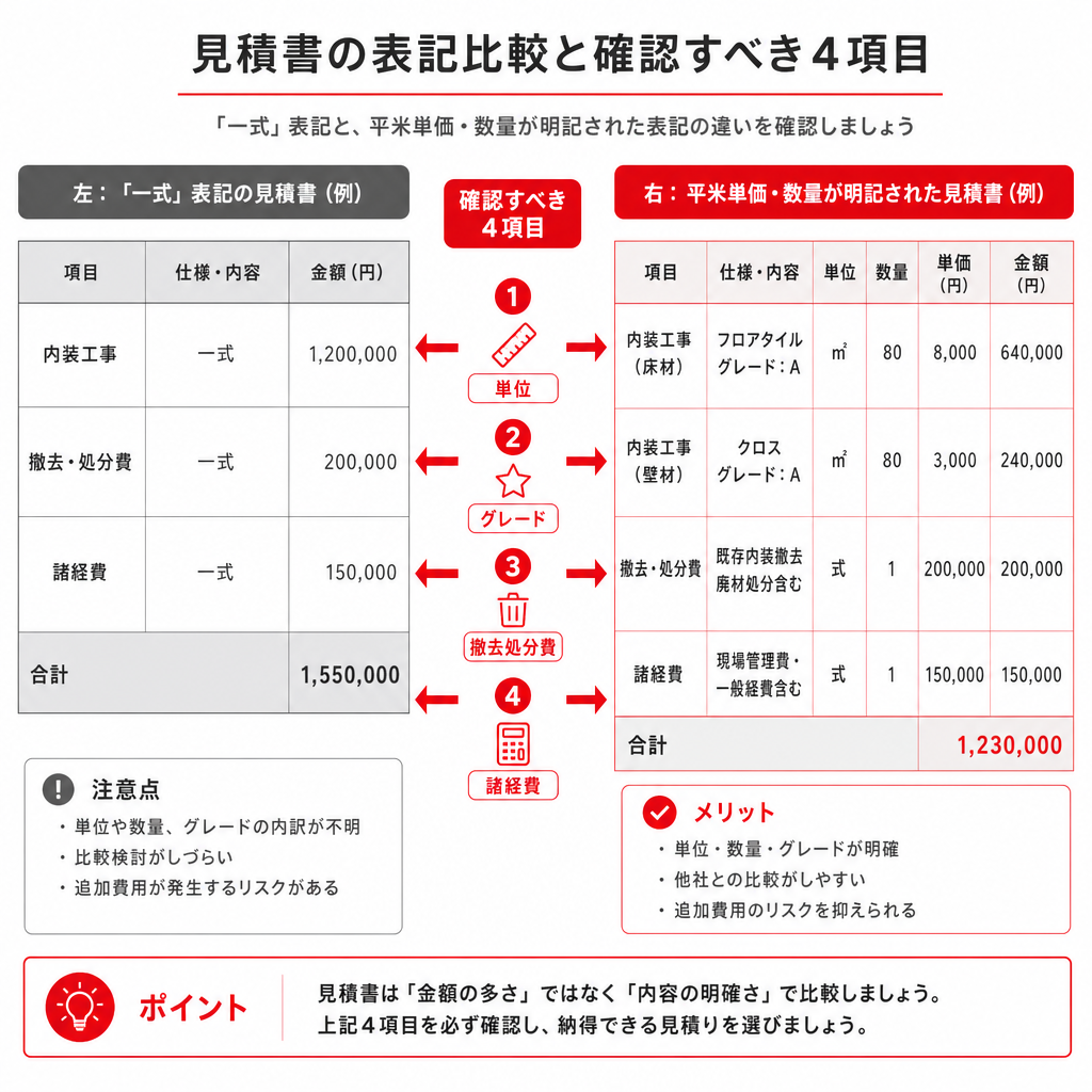 賃貸リフォームの見積書で比較できる書き方と比較しにくい書き方を並べた図