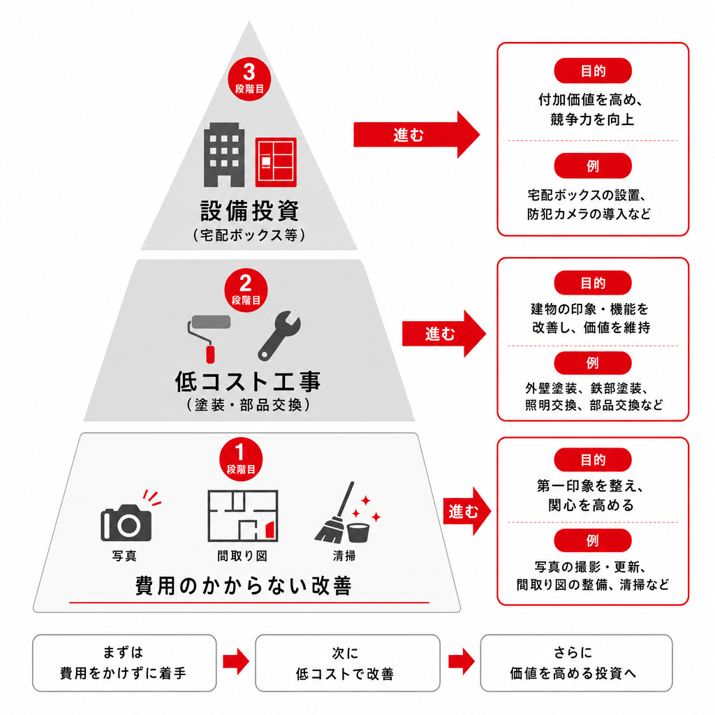賃貸リフォームで費用をかける順番を3段階で示した優先順位の図