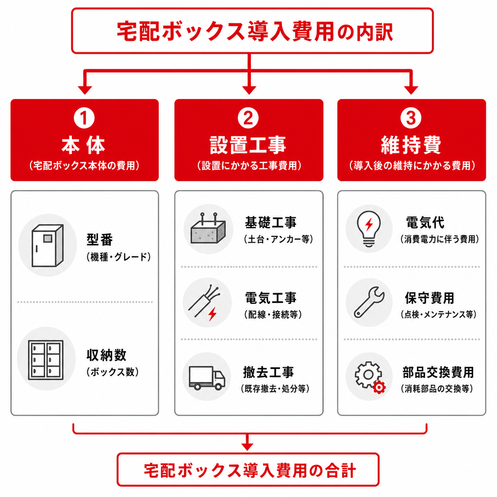 宅配ボックスの設置費用を本体・工事・維持費の3つに分けた内訳図