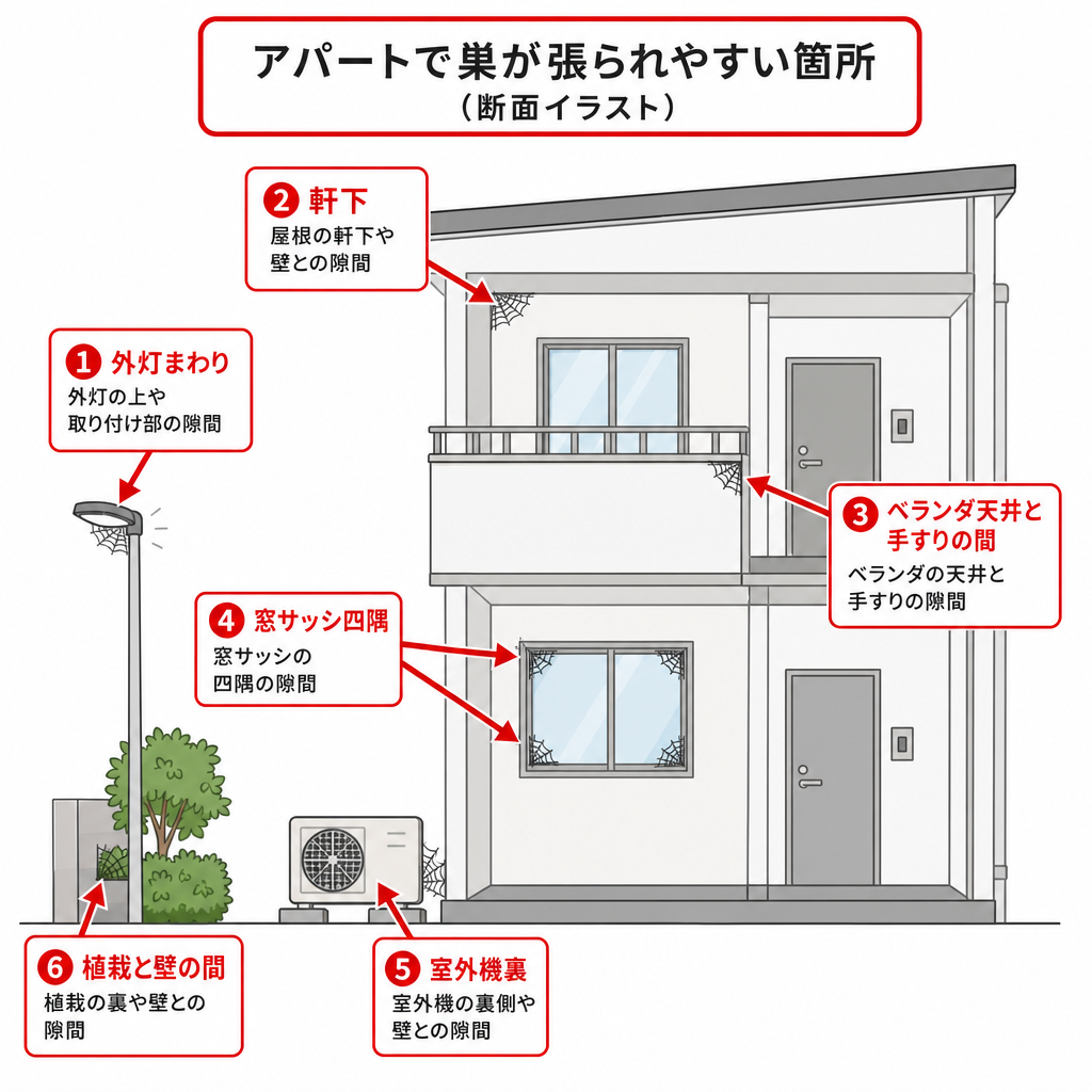 アパートで蜘蛛の巣が張られやすい場所を示した図