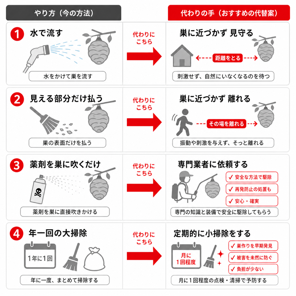 蜘蛛の巣対策でうまくいきにくい方法と代わりの手順の比較図
