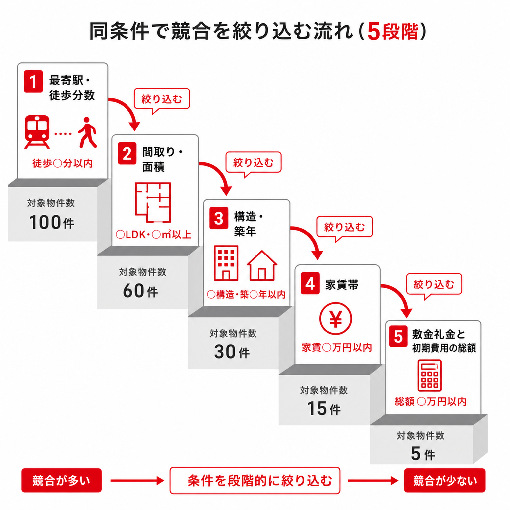 敷金礼金の相場を調べるために競合物件を条件ごとに絞り込む手順の図